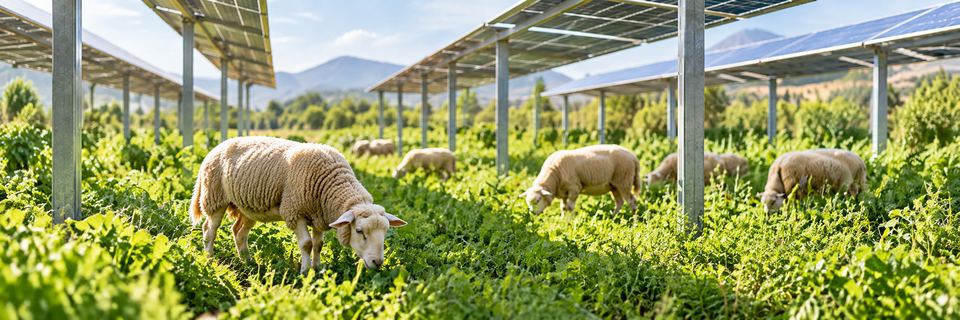 Imagen ilustrativa: borregos pastando entre vegetación verde bajo estructuras de paneles solares elevados.