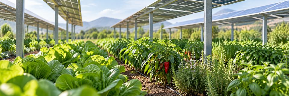 Imagen ilustrativa: hileras de lechuga, chiles y hierbas aromáticas que crecen bajo paneles solares elevados, con montañas al fondo.