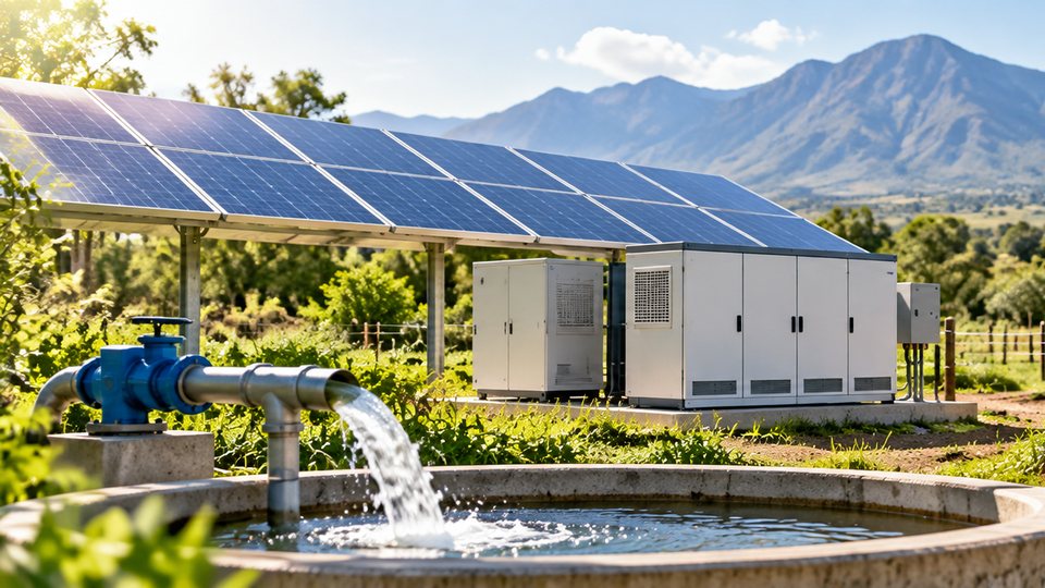 Imagen ilustrativa: arreglo solar elevado con gabinetes eléctricos y una bomba de agua.